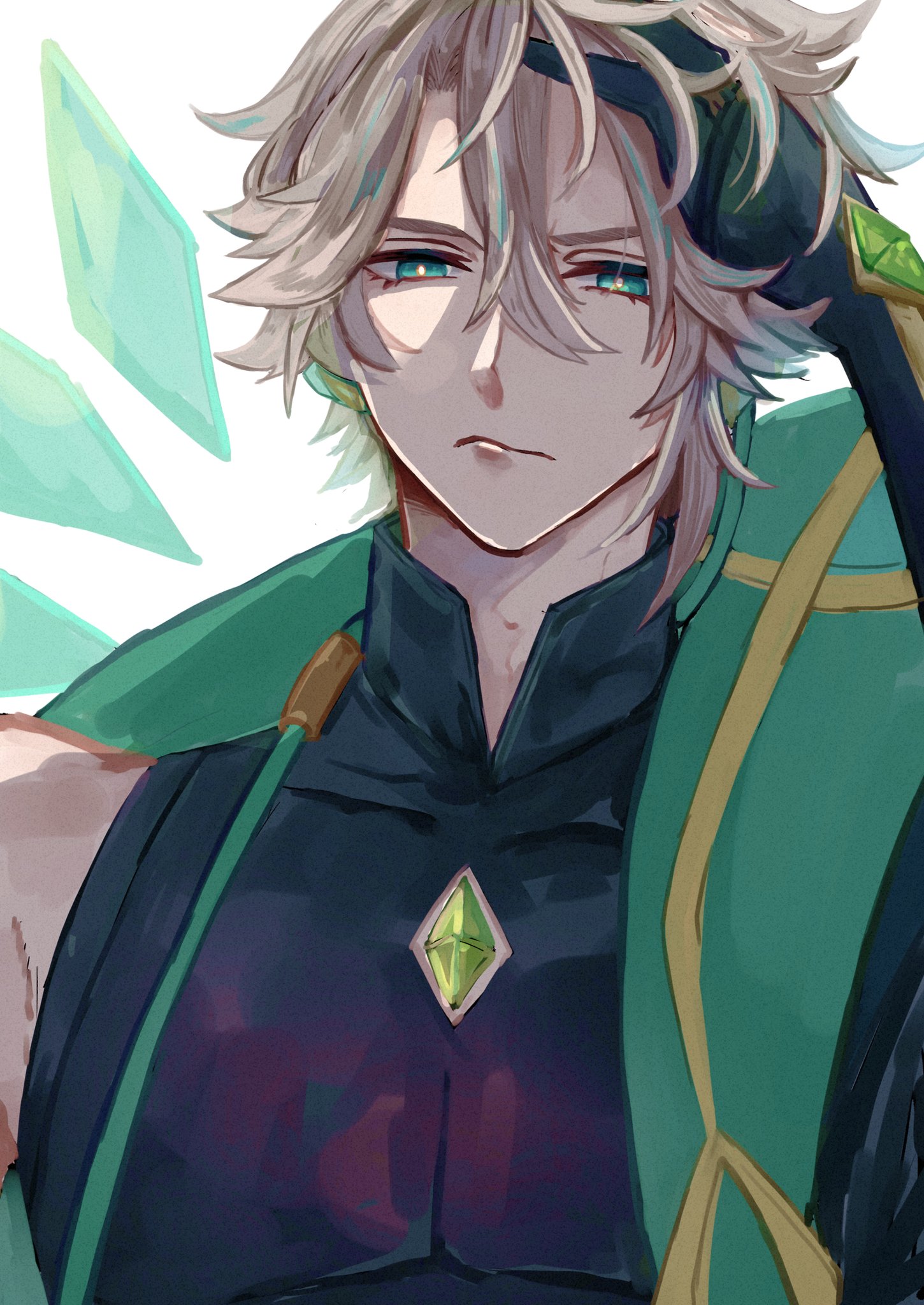 an anime character with long white hair and green eyes. he is wearing a green and black outfit with a green gem on his chest. the character is looking directly at the viewer and appears to be holding a sword behind the scene. the image is a closeup portrait of the character.