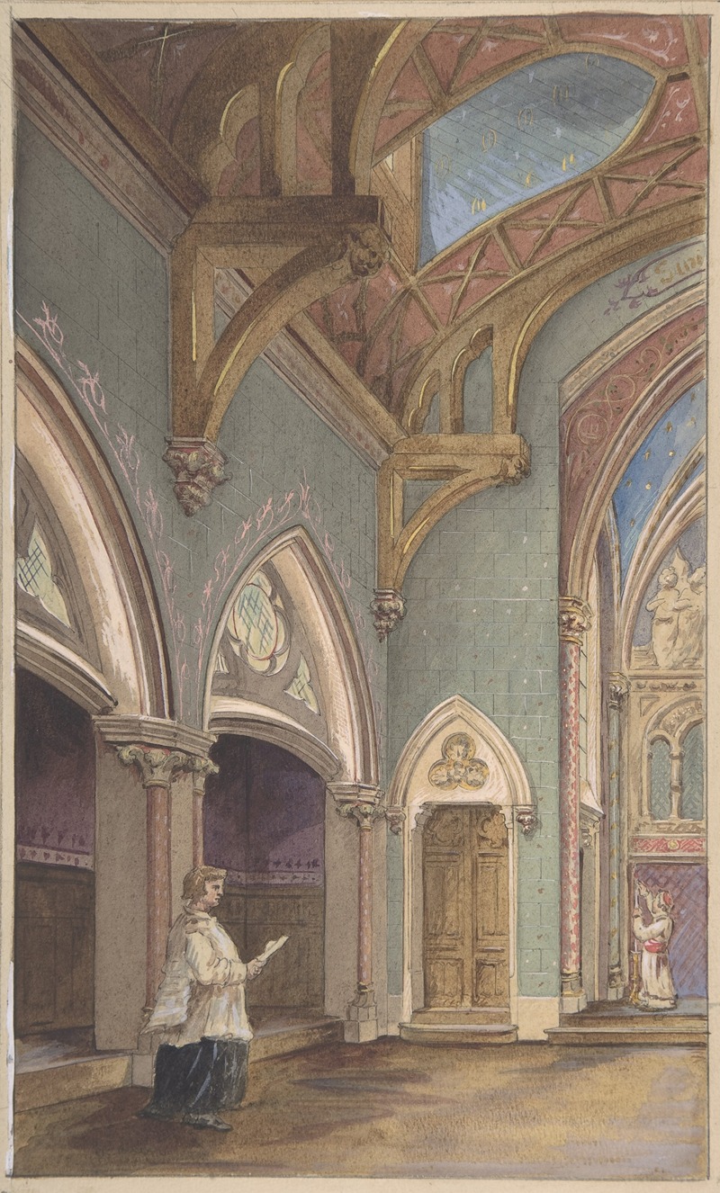 the image is a watercolor painting depicting the interior of a gothic church. a cleric stands in the foreground holding what appears to be a book or manuscript. the architecture features soaring arches, ornate pillars, and a vaulted ceiling adorned with frescoes. a large wooden door is prominent in the background. stained glass windows and other intricate details are visible throughout the scene. another religious figure stands on a platform on the right side of the image.