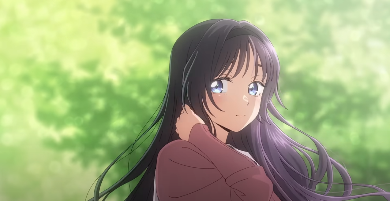 the image features a young anime girl with long, flowing purple hair and bright blue eyes. she's smiling gently, and her hair is partially covering her shoulders. she is wearing a mauvecolored longsleeved shirt or sweater. the background is a softly blurred green suggesting a natural outdoor setting, trees and foliage in soft focus. the overall mood is calm, peaceful, and dreamy. the art style is consistent with anime or manga, with a focus on soft lines, delicate features, and a light color palette.
