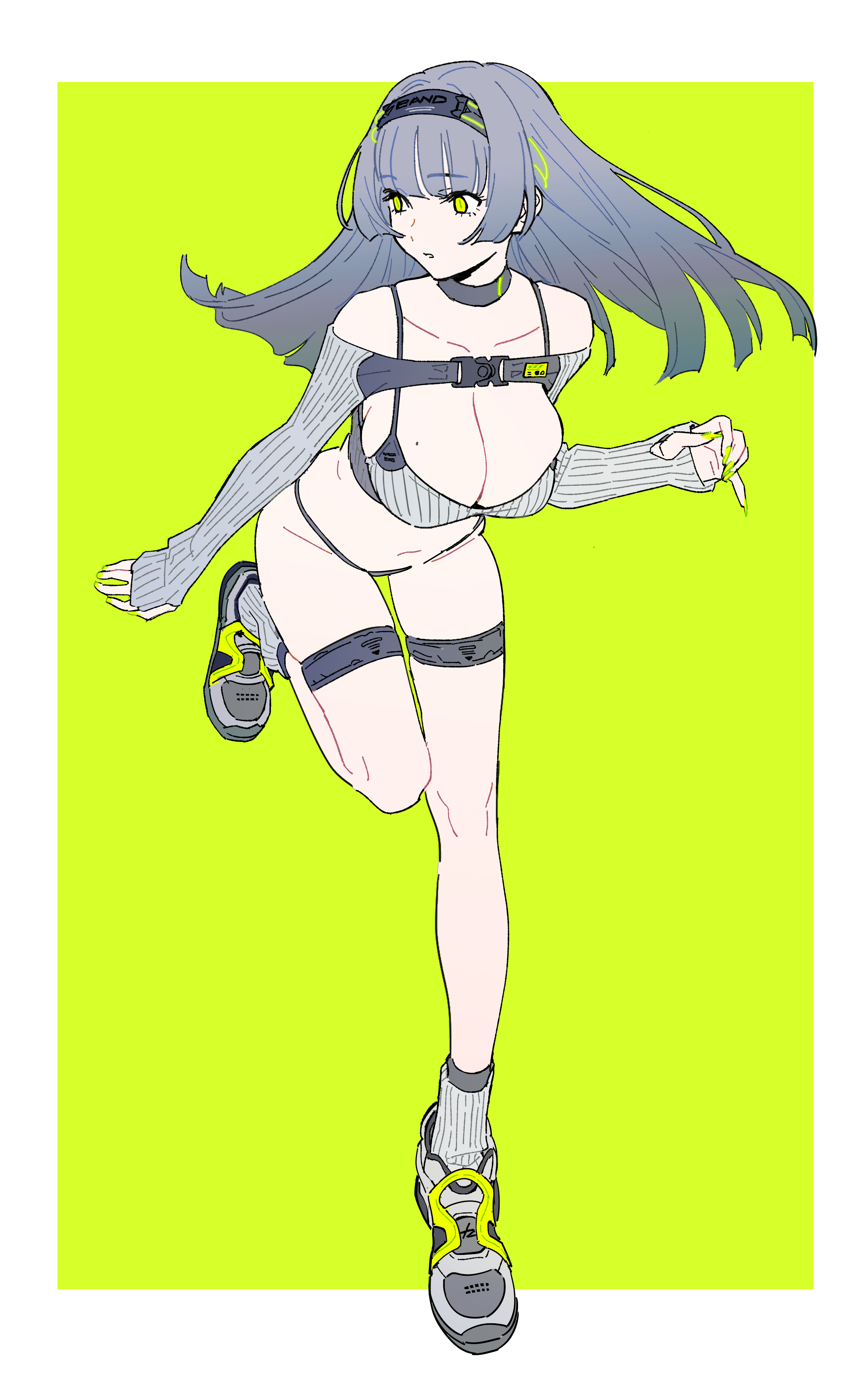 he image is a vibrant digital illustration of an animestyle female character. she has long, flowing grayblue hair, yellow eyes, and is wearing a stylish outfit consisting of a gray knitted sweater, short lingeriestyle bottoms, and athletic sneakers. the outfit includes a harnesslike accessory across her chest. her pose is dynamic, suggesting movement. the background is a bright neon yellow. the art style is modern and trendy, characterized by bold lines and a vibrant color palette.