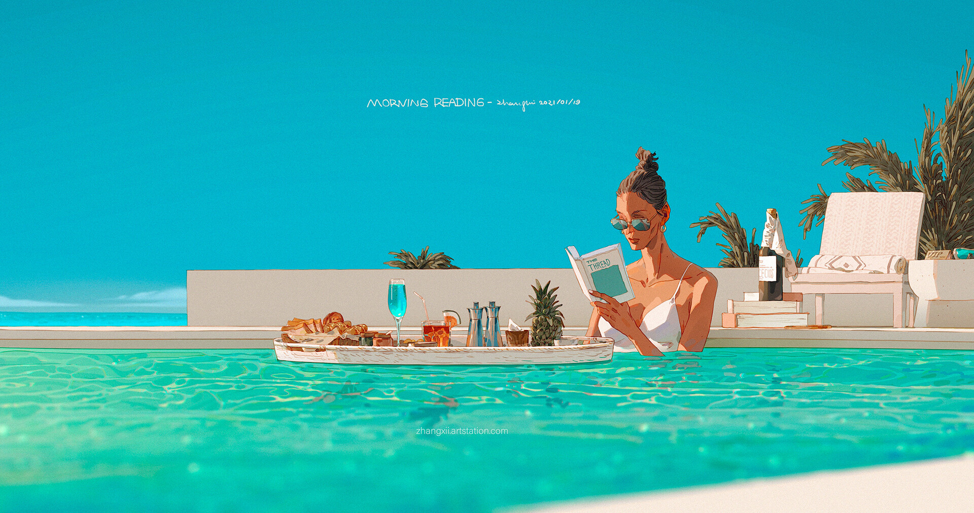 a beautiful woman in a white bikini and sunglasses is reading a book while floating in a swimming pool. the pool is surrounded by palm trees, and there is a sun lounger in the background. she appears to be enjoying her time relaxing in the sun. the sky is a bright blue. the image is bright and colorful, and it evokes a sense of peace and tranquility.  the woman is surrounded by luxury and beauty, and she is clearly enjoying herself. this could be a scene from a vacation in a tropical paradise.