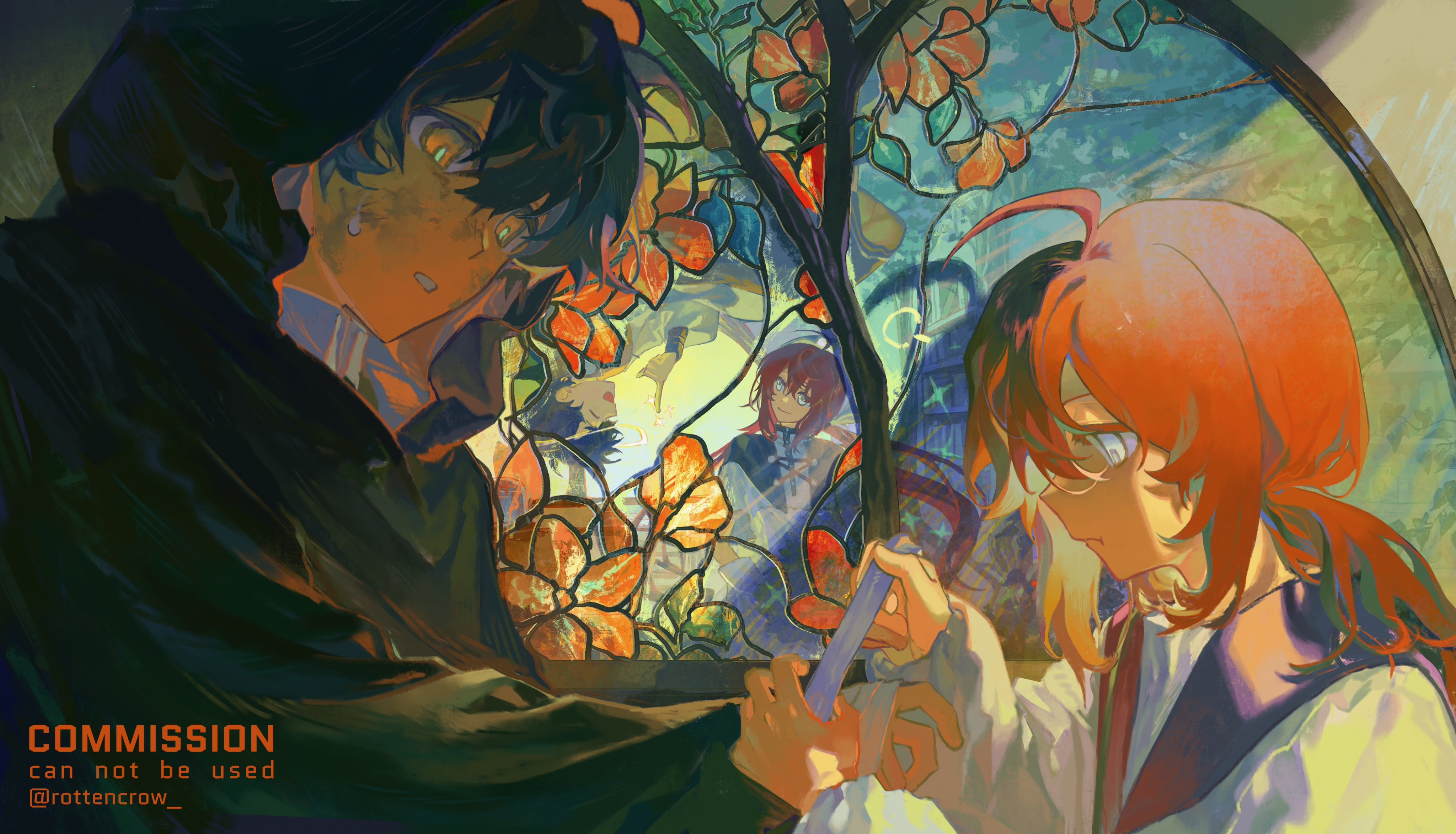 this is a digital painting of an anime couple. the girl is wearing a white shirt with a purple jacket and the boy is wearing a black jacket. the background is stained glass with flowers and vines.