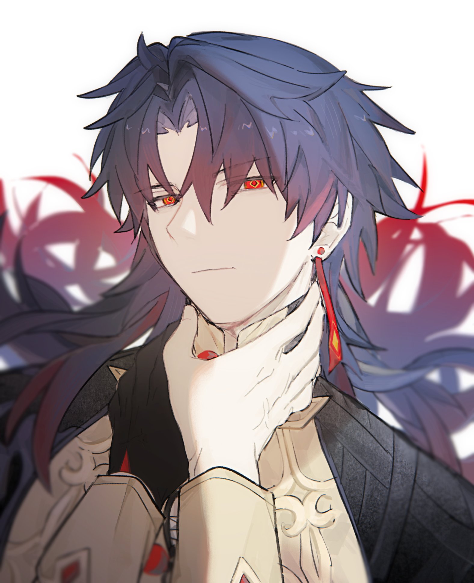 a digital drawing of a male anime character with long purple hair and red eyes. his hair is pulled back from his face and he is looking directly at the viewer. a hand is holding his neck. the background of the image is a pale pink and white.