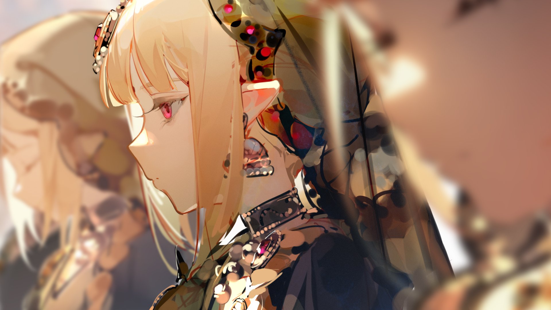 the image is a closeup digital painting or illustration of an animestyle female character.  she has long blonde hair, elflike ears, and is wearing an elaborate crown and ornate dark clothing adorned with red and gold jewelry. her eyes are a striking red.  the background is blurry, suggesting other figures, possibly similar characters,  are present but not in sharp focus. the overall style is artistic and detailed, with soft lighting and a focus on the character's elegant and regal appearance. the color palette is warm, dominated by golds, browns, and the character's red eyes.