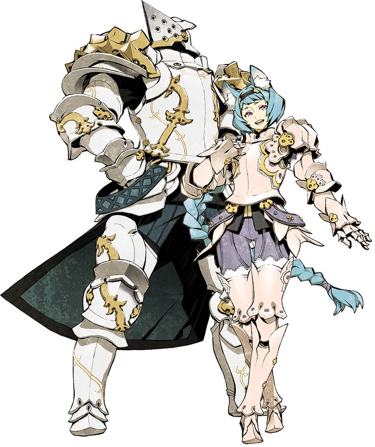 an anime style illustration of a female character wearing armor, she has blue hair, is wearing a white and gold armor, she is accompanied by a white knight in full armor, it is a fantasy style illustration, the illustration is very detailed and the colors are vibrant.