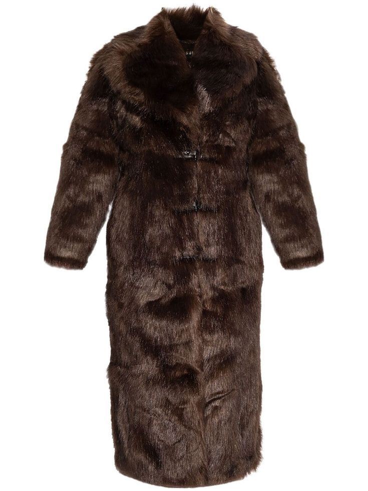 a brown faux fur coat with a large collar and a button closure. the coat is long and has pockets on the sides. it is a warm and cozy coat perfect for winter.
