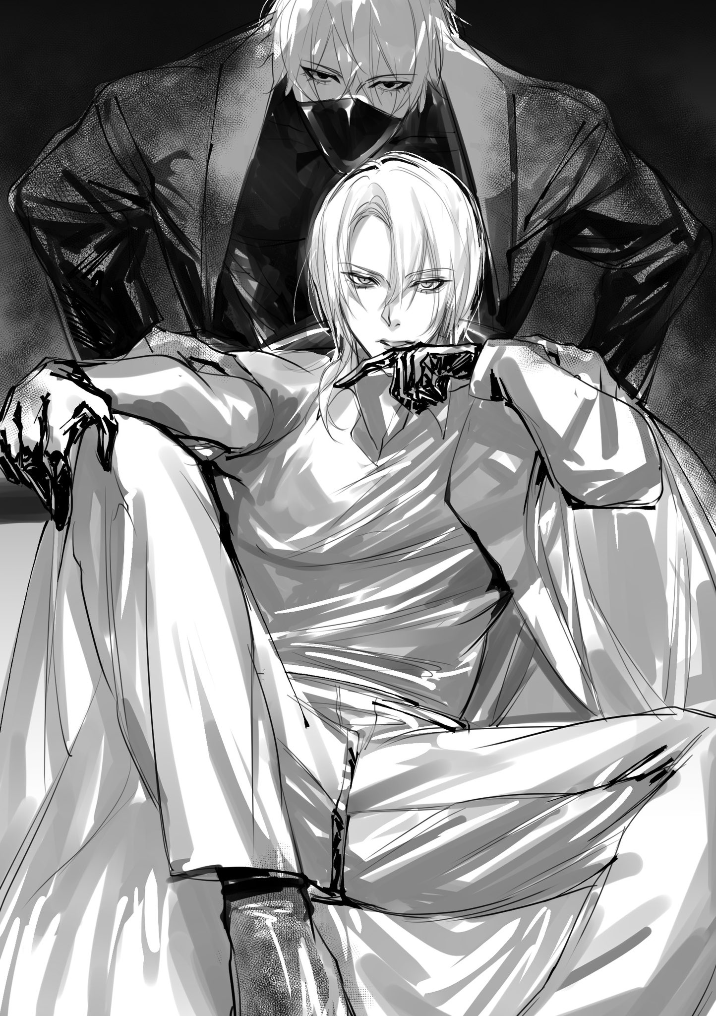 a grayscale, digital illustration of two men sitting in a chair. the man in the front is wearing a white shirt and pants with a black belt. his hair is white and he has black gloves on. the man in the back is wearing a black suit jacket and black gloves. he is wearing a mask. both are looking down. the illustration has a very stylistic feel to it with bold outlines and shading.