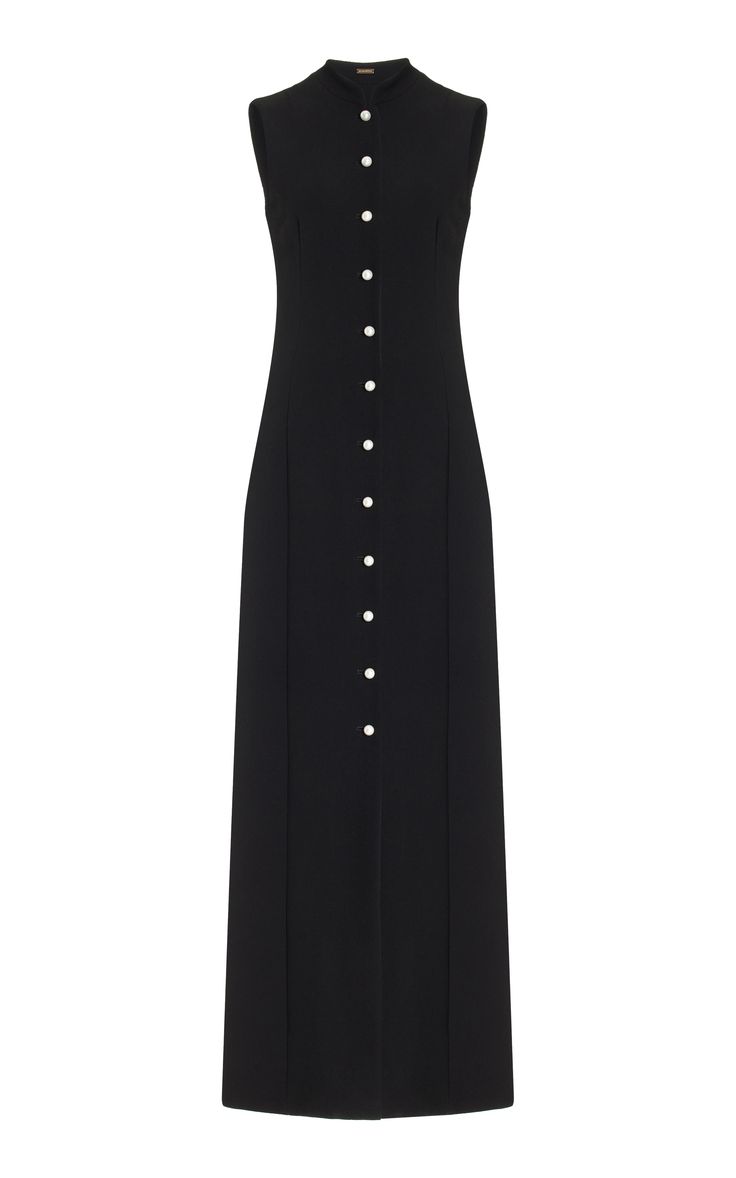 a black sleeveless maxi dress with a buttonup front, designed for a formal occasion, photographed against a white backdrop. the dress features a fitted bodice and a flowy skirt, creating an elegant and sophisticated silhouette.