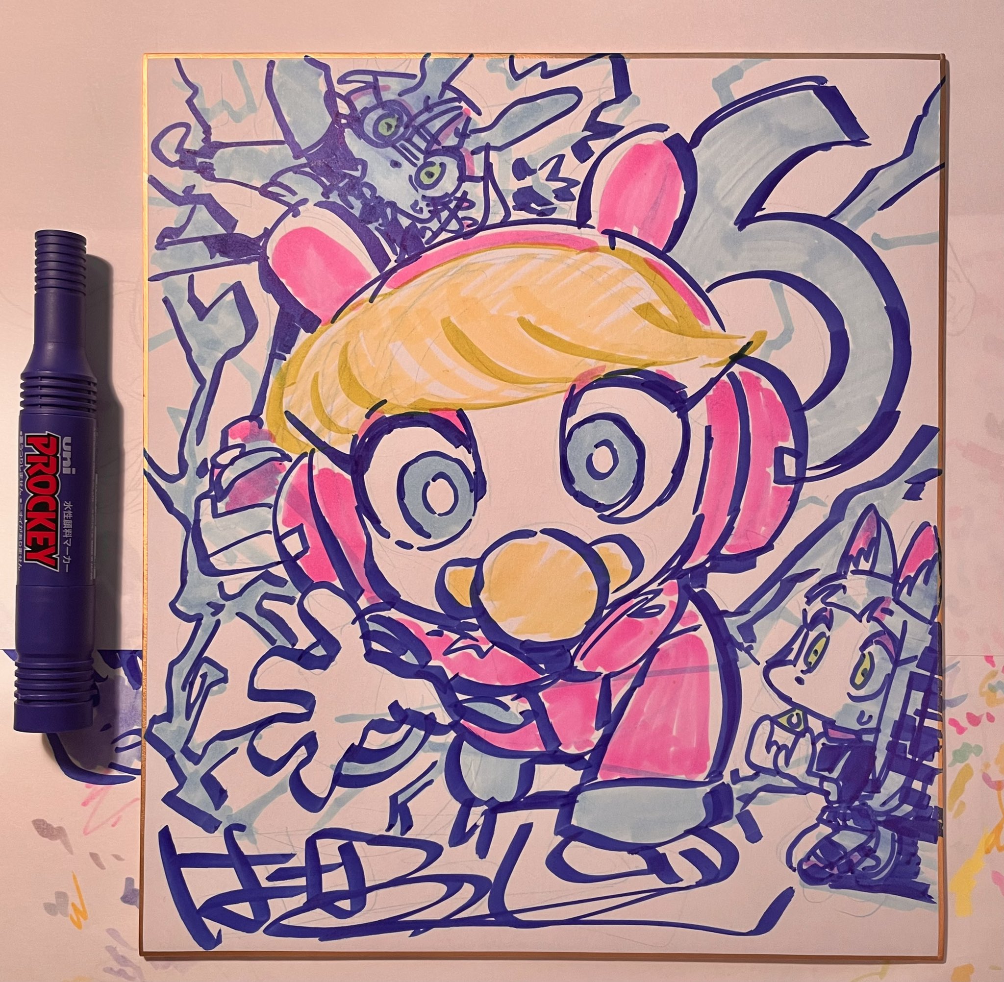 this is a vibrant drawing of a cartoon bunny girl on a white board, likely an autograph given its signature at the bottom. the girl sports large headphones and holds a microphone, her vibrant pink, blue, and yellow design popping against the white backdrop. the style leans towards anime or manga, with large eyes and exaggerated features. beside her are sketches of other characters, possibly animal companions, adding to the playful, energetic vibe of the artwork.  a blue marker rests beside the drawing, suggesting the tool used to create this piece.