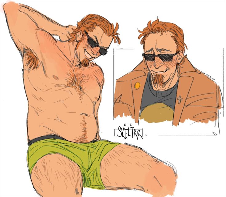 this is a drawing of a cartoon man with a beard. he is shirtless and wearing shorts. he is smiling and looking happy. he has sunglasses on. the drawing is very stylized and has a lot of detail. the drawing is very well done. the background is white.