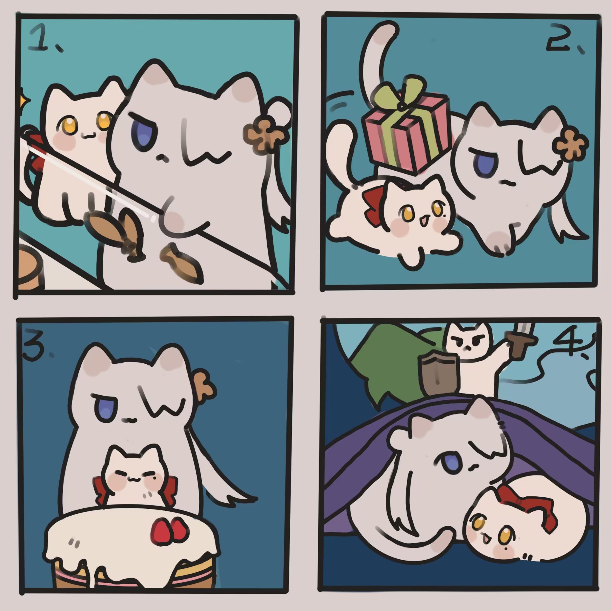 this comic strip shows four scenes featuring cats. the first scene has a cat giving a gift to another cat. the second scene shows the two cats sitting together in a peaceful manner. the third scene shows one cat baking a cake for another cat. the fourth scene shows one cat protecting the other cat from a danger, wielding a sword.  this comic is made in a kawaii style, with cute and adorable characters and designs.