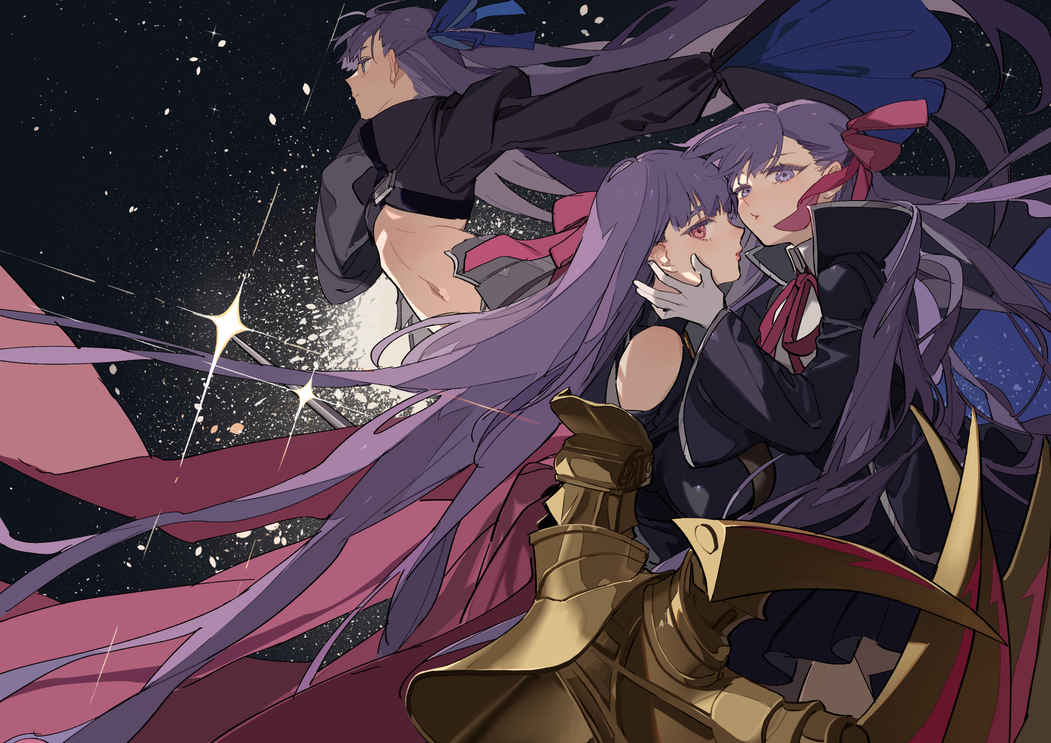 the image features three women with long, purple hair in an anime illustration style. the background is a dark, starry sky. one woman is shown from the side, revealing a midriff. another woman has her hand on the face of a third, closely nestled to her side. all three characters appear to be kama, a character from fate/grand order and the fate series, who is an alternate form of sakura matou. a portion of kama's spear is visible at the bottom, rendered in gold with red accents.