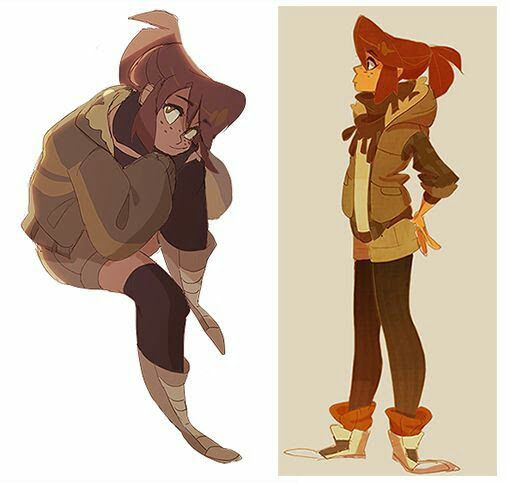 this is a drawing of two anime girls side by side.  the one on the left is sitting with her legs crossed and she is looking down.  the one on the right is standing with her hands on her hips and she is looking up.  they are both wearing brown jackets, brown pants, and brown shoes.