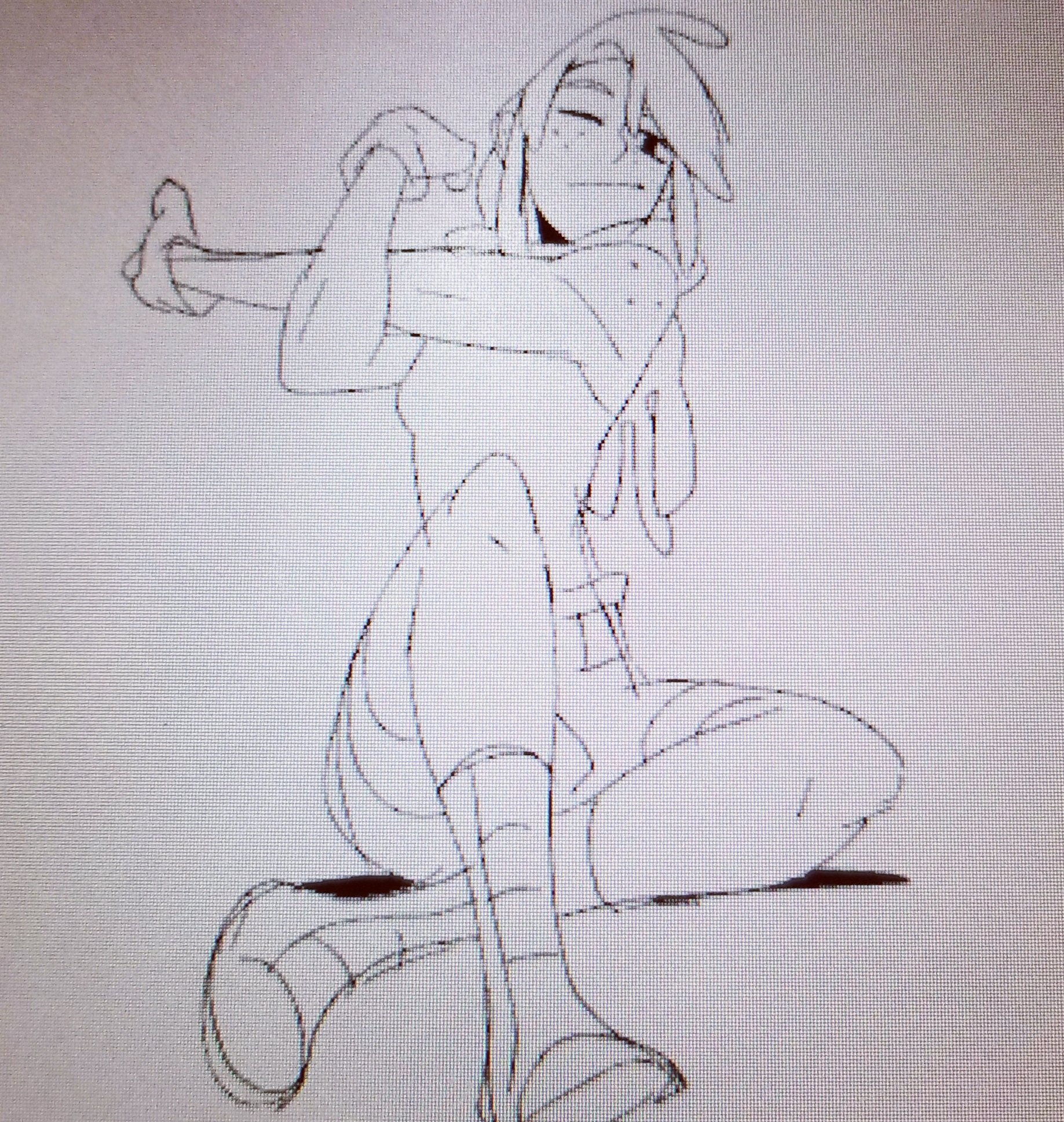 a sketch of a young woman sitting with her legs crossed, with her right hand holding something in front of her and a slightly smiling expression. she has a somewhat cartoonish look, suggesting anime or manga style.