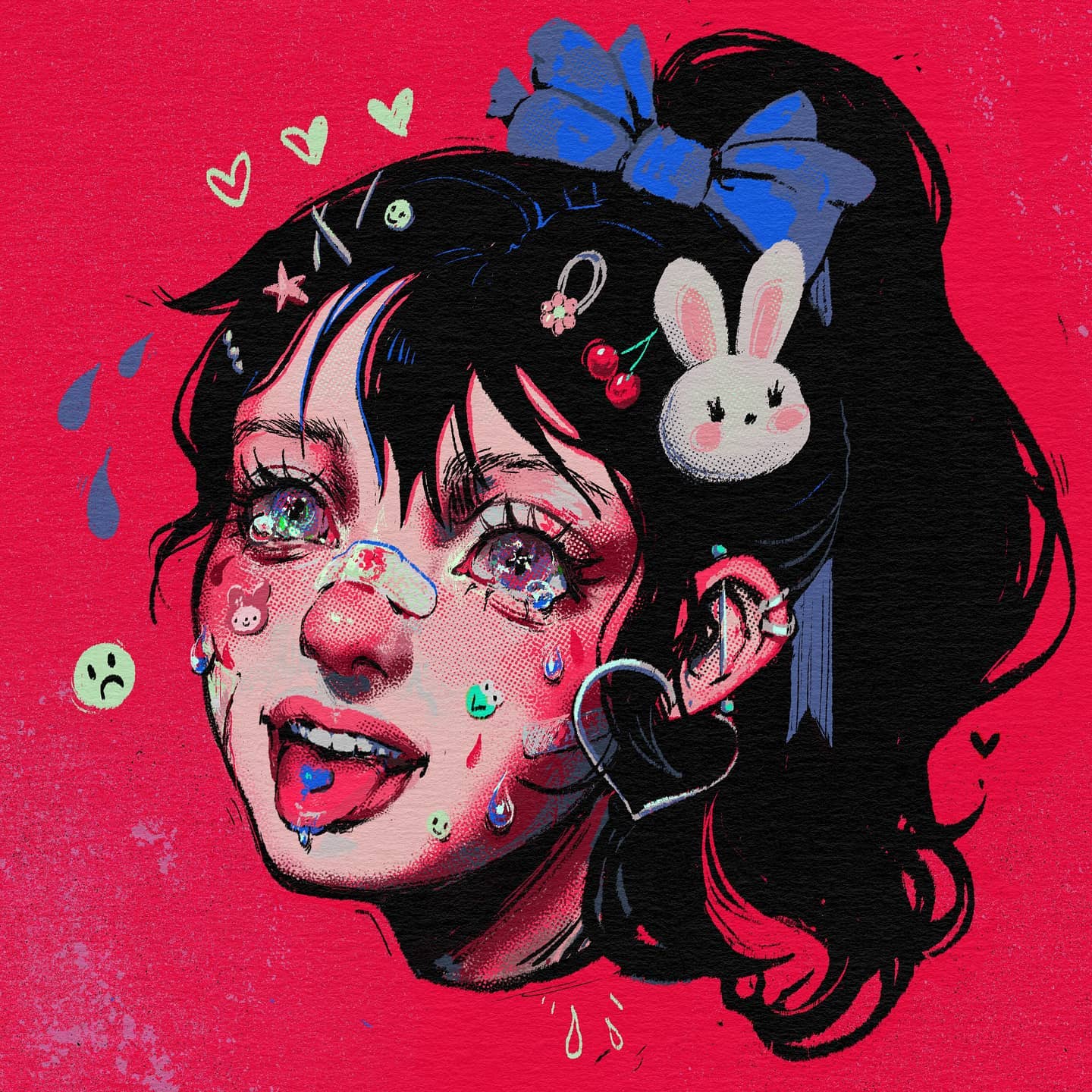 the image is a vibrant and colorful digital illustration of an animestyle girl. she has long black hair styled in a high ponytail with a blue bow. her face is adorned with various stickers, patches, and bandaids, along with cherries and a cute rabbit design. she has bright expressive eyes with tears and an open mouth showing her tongue. the overall style is emo, quirky, and cute, with a mix of kawaii and stylized elements. the background is a textured red. the image is rich in detail and has a unique artistic style.