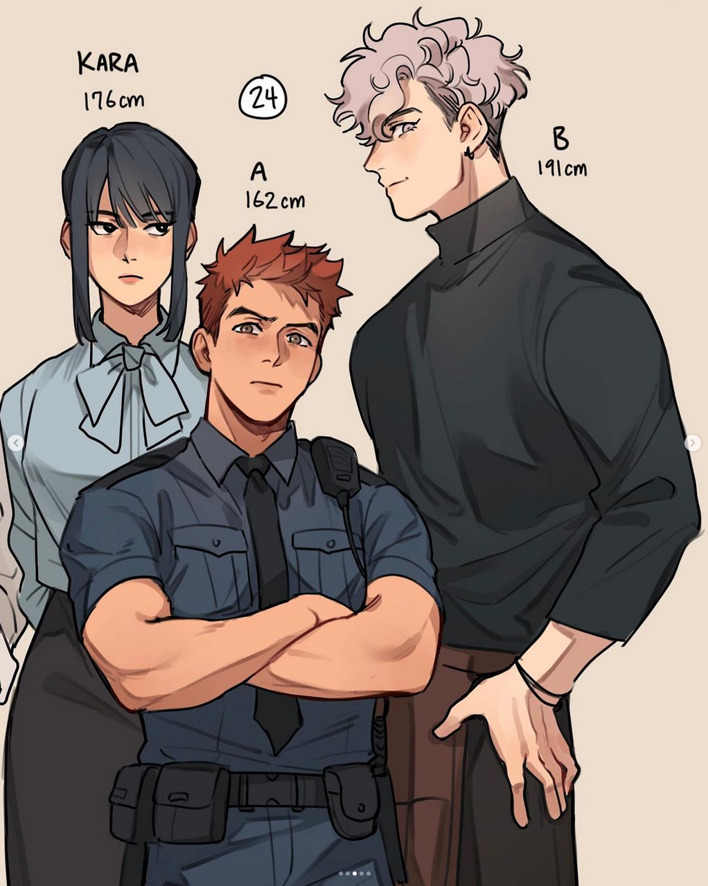 the image showcases a character design sketch of three individuals, two men and one woman, standing in a lineup for a height comparison. the woman (kara) is 176cm tall, one man (a) is 162cm, and the other (b) is 191cm, with their heights clearly labeled. man a is dressed in a police uniform, while the other two are in casual wear. the man on the right, b, sports a turtleneck, while kara has a collared shirt. the style is reminiscent of anime or manga. the background is a plain, light color, and the lighting is soft, emphasizing the characters. the overall mood is casual and friendly.
