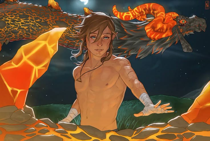 a digital illustration features a shirtless male character, likely link from legend of zelda, standing in a field of glowing lava and crystals. above and behind him is a large, dark dragon with fiery orange horns and a glowing eye. the background shows a night sky with a full moon and stars. the character has brown hair, blue eyes, bandages on his hands, and a triforce necklace. there are scars on his arm. the overall art style is detailed and fantasythemed.