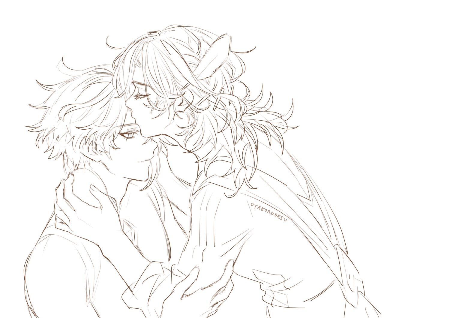 a line drawing of two anime characters embracing, with the girl in the foreground hugging the boy from behind and kissing his forehead.  the girl is shown with long, flowing hair and a feather in her hair.  they are both smiling.  the drawing is in black and white and has a soft and gentle feel.