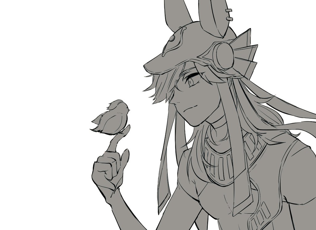 a black and white sketch of an anime girl. the girl has long hair and is wearing a hat with a headband. she has a bird perched on her finger. the drawing is in a simple, outlined style.