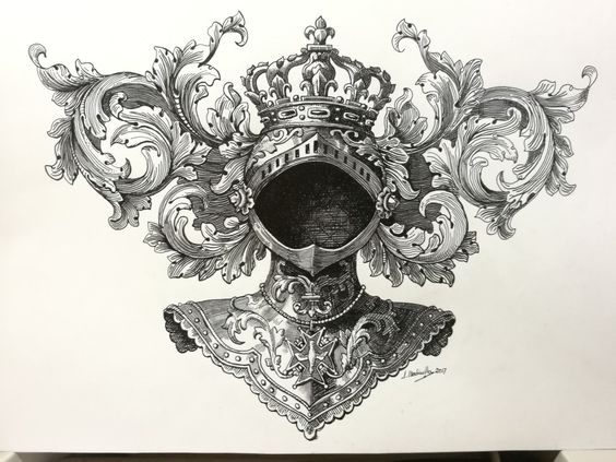 the image is a black and white drawing of a knight's helmet topped with a crown. the helmet and crown are framed by elaborate baroquestyle acanthus leaf scrolls. the drawing has a vintage, engraved look.