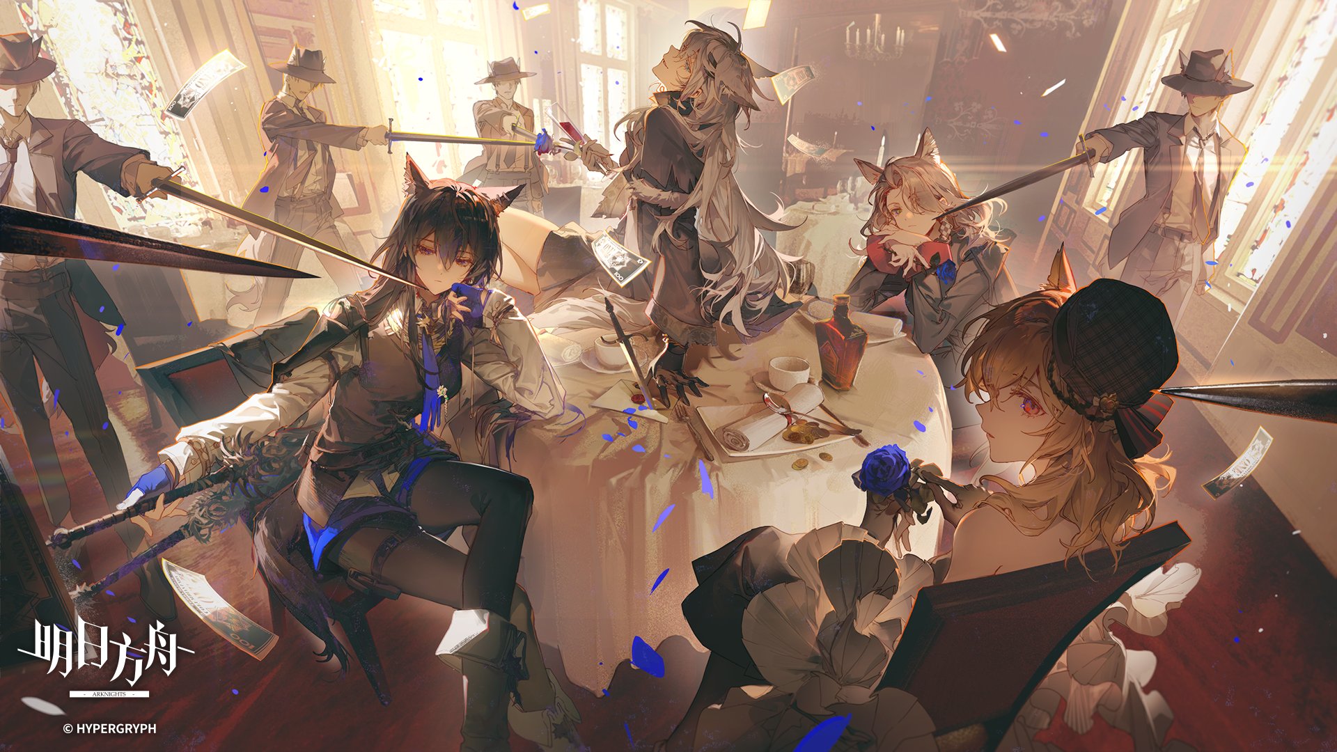 the image is an illustration in anime style, depicting a mafiathemed meeting with several humanoid characters who have fox ears. they are gathered around a table, which has money, cups, and a sword lying on it, as well as a bottle. the characters are dressed in suits and hats, and some are wielding swords or guns. blue roses are featured in the image. in the background there is a room with a window. there are four men in suits and hats, each holding swords and aiming them towards the people who are sitting at the table. the illustration appears to be a scene from the game arknights.