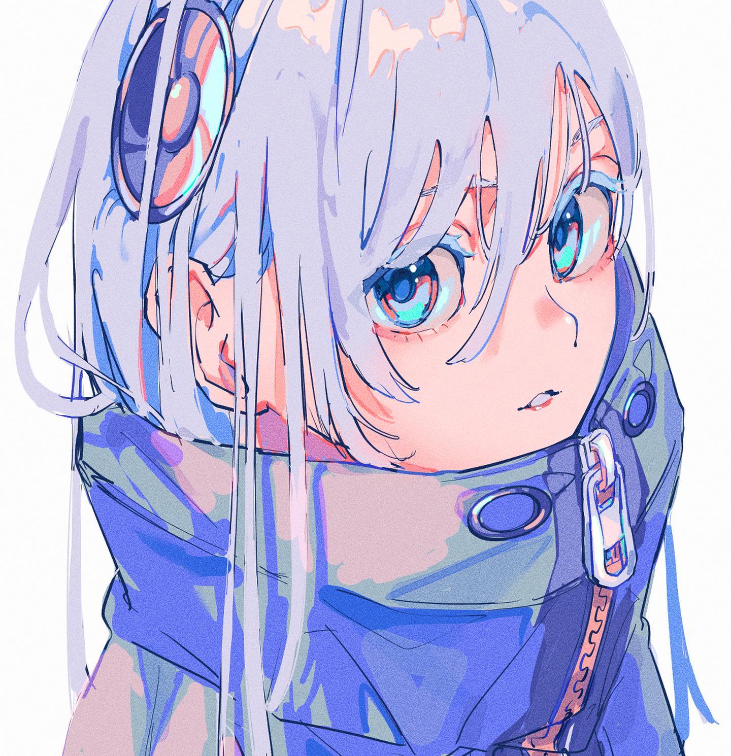 the image shows a closeup portrait of an anime girl. she has long, light purple hair and blue eyes. she's wearing a purple and blue jacket with a zipper and has headphones on her head. the style is very colorful and pastel, with a soft, almost dreamy feel. the art style is loose and painterly, with visible brush strokes. the girl's expression is somewhat reserved and contemplative. the background is plain white, making the girl the clear focal point.