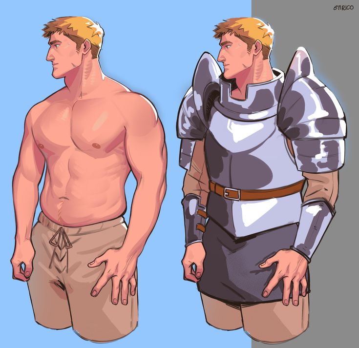 this is a digital illustration of a man drawn in a cartoon style. on the left, the man is shown with his shirt off, revealing his muscular physique, with his arms at his sides. on the right, the same man is shown in full armor, with a sword on his hip and his hands gripping his sword. both illustrations are drawn against a blue background.