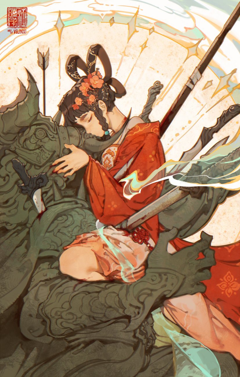 an illustration depicting a woman in traditional asian attire embracing a large, stone warrior sculpture. she wears a red dress and has elaborate hair ornaments with flowers. multiple weapons, including a spear, swords, and arrows, are present around the figures, suggesting a battle or conflict. the background features light, abstract patterns. the overall mood of the image is somber and potentially indicative of grief or loss. the style is reminiscent of asian fantasy art.