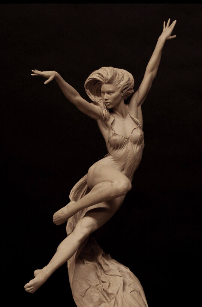 this image showcases a stunning clay sculpture of a woman caught middance. set against a dramatic black background, the sculpture captures a sense of fluidity and grace. the woman's pose is dynamic, with her limbs extended and her hair flowing, as if frozen in a moment of joyful abandon. the lighting accentuates the curves and textures of the sculpture, highlighting the skill of the artist.