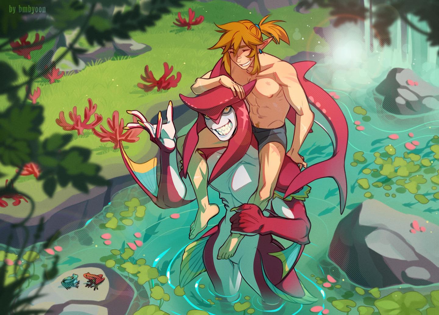 the artwork is a vibrant digital painting depicting link from the legend of zelda series joyfully riding on the back of a large, anthropomorphic zora in a tranquil pond or stream.  the zora is predominantly red and teal, with fins and a fishlike tail. link is shirtless, wearing only dark swim trunks, and has a broad smile. the environment is lush, with green vegetation, corallike plants, and small frogs visible near the water's edge.  the overall style is lighthearted and cheerful, conveying a sense of summer fun and friendship between the two characters. the artist's signature, "bmbyoon," is present in a small, unobtrusive corner of the piece.