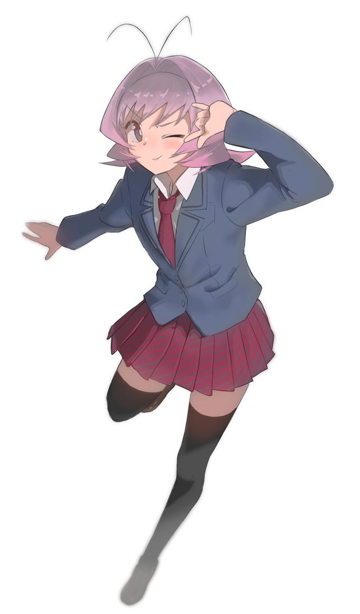 he image is a digital illustration of an animestyle schoolgirl. she has pink hair, and is wearing a blue blazer, a red pleated skirt, white shirt, and a red tie.  she's also wearing black kneehigh stockings. her pose is dynamic and playful; she's winking and making a hand gesture near her face. the art style is clean and slightly soft, with a focus on the character's expressiveness. the background is plain white, keeping the focus solely on the girl.