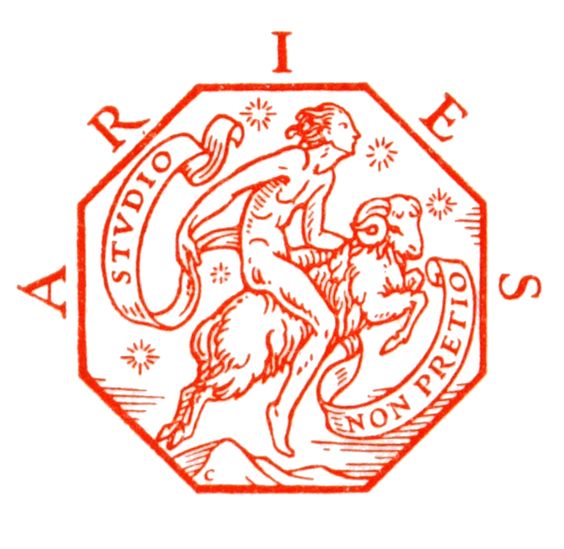 the image is a red ink drawing of the aries zodiac symbol. in an octagonal frame, it depicts a nude person sitting atop a running ram with large horns. the ram and person are positioned facing the right side of the frame. behind the person is a large banner that curves in an "s" shape and reads "studio" going up and "non preto" going down. above the banner, within the top of the frame, is the roman numeral "i". to the left is the letter "r". to the right is the letter "e". outside of the frame, at the 10 o'clock position is the letter "a", and at the 2 o'clock position is the letter "s". the remaining space within the frame is filled with small stars.