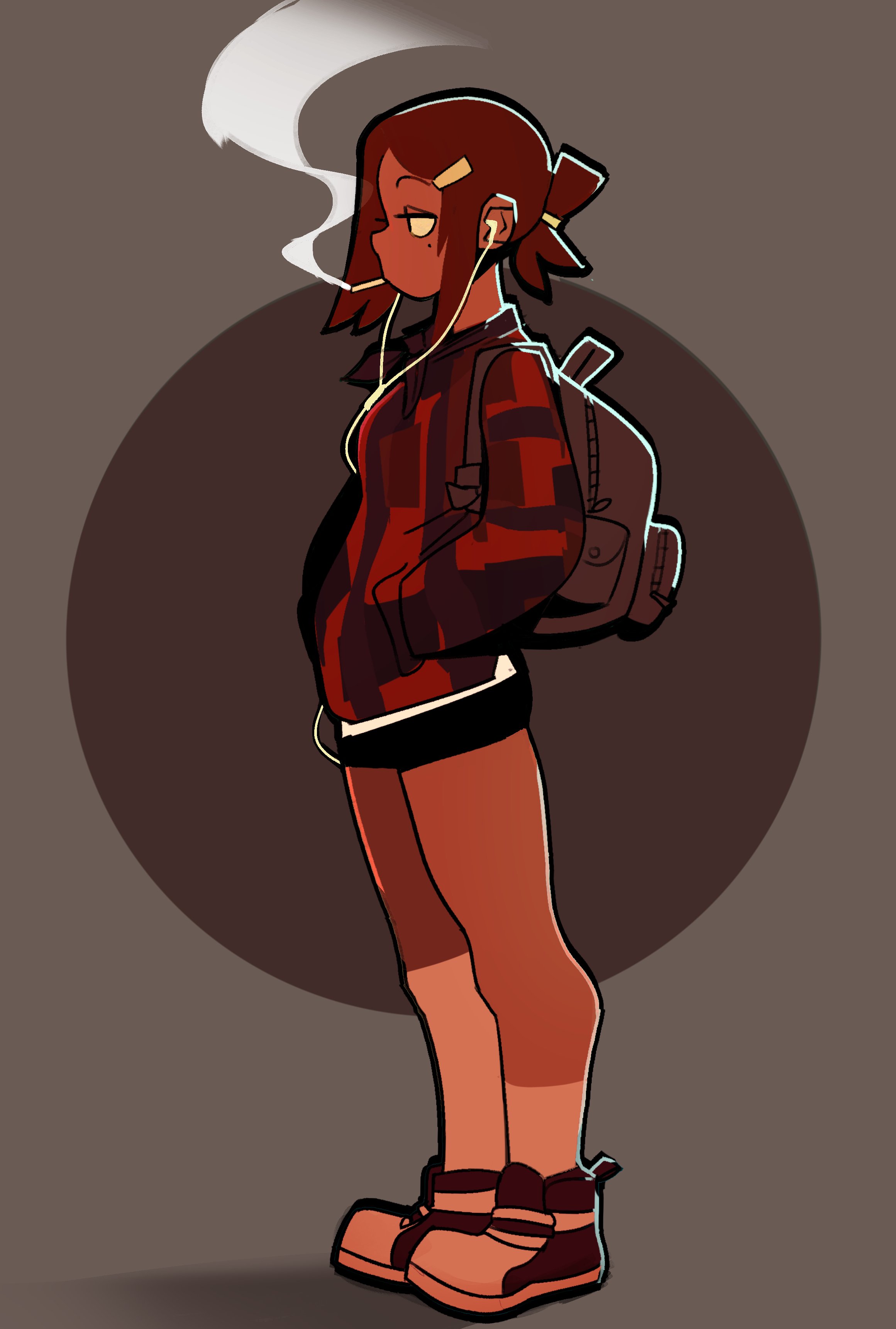 this is a digital illustration of an anime girl standing sideways with her back to the viewer. she has long red hair tied back, with a red plaid jacket, black pants, and black boots. she has a backpack on her back and is wearing headphones. there is smoke coming from her mouth.