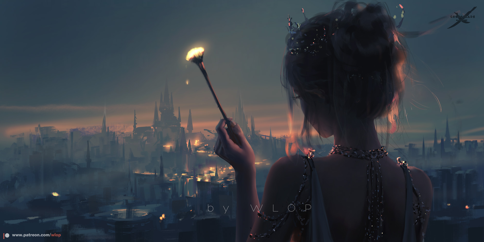 the image features a young woman, possibly a queen or princess, viewed from behind as she stands overlooking a sprawling cityscape engulfed in flames. her back is exposed, adorned with delicate jewelry and a crown, hinting at her regal status.  in her hand, she holds a wand tipped with a bright flame, suggesting her potential role in the city's destruction or perhaps an effort to defend it. the city stretches out below her, a mix of modern and gothic architecture, shrouded in smoke and bathed in the warm glow of fire. the overall atmosphere is dark and moody, evoking a sense of impending doom or magical conflict.