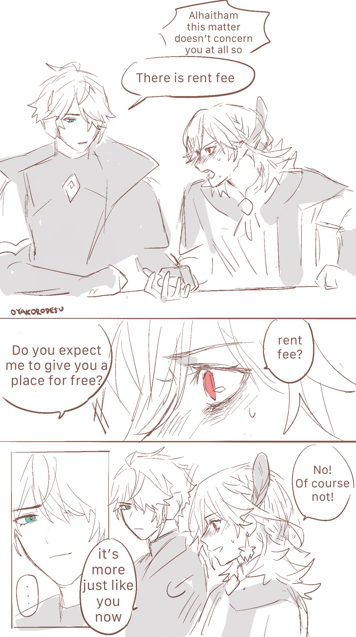 the image is a comicstyle illustration of two anime boys interacting. the boy on the left appears to be demanding something from the boy on the right, possibly rent. the boy on the right seems reluctant to pay. the dialogue boxes reveal that the boy on the left is al haitham, and he is asking for rent. the boy on the right is kaveh, and he is asking if he is expected to pay for a place for free.  the scene is set in a room with a table. the image is drawn in a soft, pastel style.