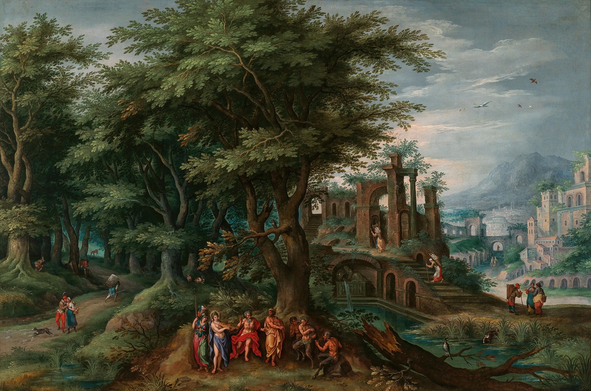the image is a classicalstyle painting depicting a landscape scene with ruins, trees, and figures. in the foreground, there's a group of people, including what appear to be mythological figures such as nymphs and satyrs, gathered near a pond. the landscape is rich with greenery, with large trees dominating the view. in the midground, there are ruins of classical buildings, with figures walking around them. the background shows a city and a mountain in the distance under a cloudy sky. the painting has a sense of antiquity and depicts a romanticized natural scene.
