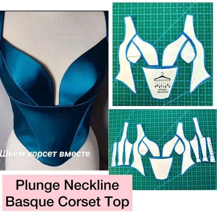 the image shows a plunge neckline basque corset top displayed on a mannequin, with two images of the sewing patterns beside it. the top is made of blue fabric. the sewing patterns are outlined in blue and have different shapes.