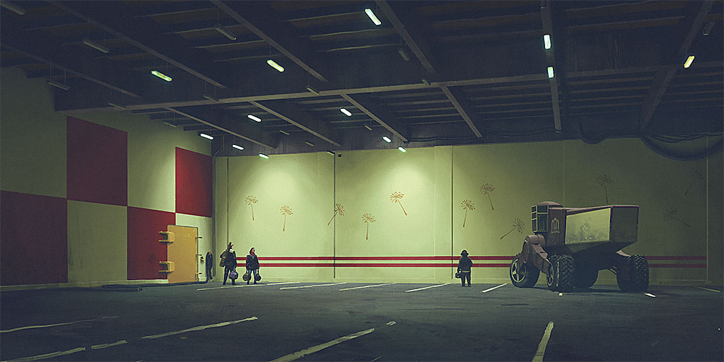 an image of a red, white, and beige vehicle with a yellow interior sitting inside of a modern garage. the vehicle has a large window in the front with no windshield. the vehicle is surrounded by a muted green, red, and white striped wall, with a few people standing near the wall looking in a similar direction. the people appear to be standing in a doorway or opening that leads to an area with a light yellow ceiling. the ceiling has several florescent light fixtures that cast light onto the walls of the garage and the vehicle. the vehicle is sitting in the middle of the garage with the interior lights on. the image is drawn in an abstract and futuristic style.