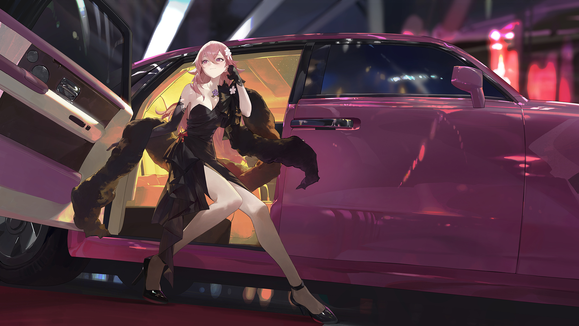 a stylish anime woman with long pink hair is stepping out of a luxurious pink car.  she's wearing a short, elegant black dress and black high heels.  the car is parked on a city street at night, with the bright lights of the city reflecting off its shiny surface.