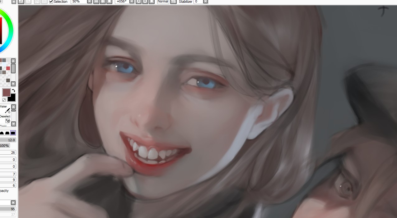a digital painting of a woman with a soft smile. the closeup perspective emphasizes her blue eyes and the delicate details of her features. the artwork is characterized by a soft, painterly style and a muted color palette.