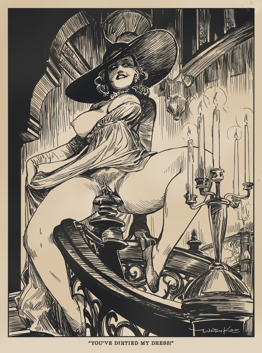 the image is a striking black and white penandink illustration in a style reminiscent of art deco or gothic. it depicts a partially nude woman, wearing a widebrimmed hat and a flowing dress, perched suggestively on an ornate staircase. the woman's pose and expression are clearly intended to be provocative.  a multibranched candelabra with lit candles adds to the dramatic atmosphere of the scene. the image is framed with a border, and the caption "you've dirtied my dress!" is written at the bottom. the style and subject matter suggest it's likely from the mid20th century, perhaps the 1930s or 1940s, and is possibly erotic art or a pinup illustration. the artist's signature, "walton kirk," is visible in the bottom right corner.