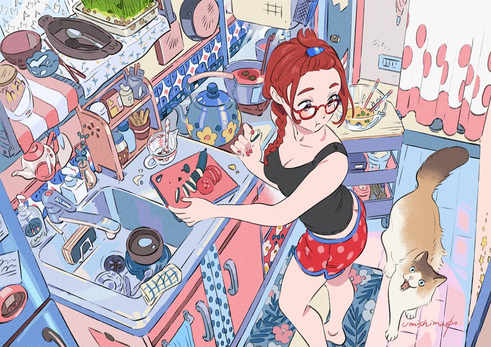 the illustration shows an animestyle girl with red hair and glasses in a messy but charming kitchen. she's wearing a black tank top and red polkadot shorts and is preparing vegetables on a cutting board.  the kitchen is filled with various kitchenware, and a cat is sitting on the floor, looking up.  the overall style is pastel and whimsical. the scene is cluttered but evokes a feeling of cozy homeliness.