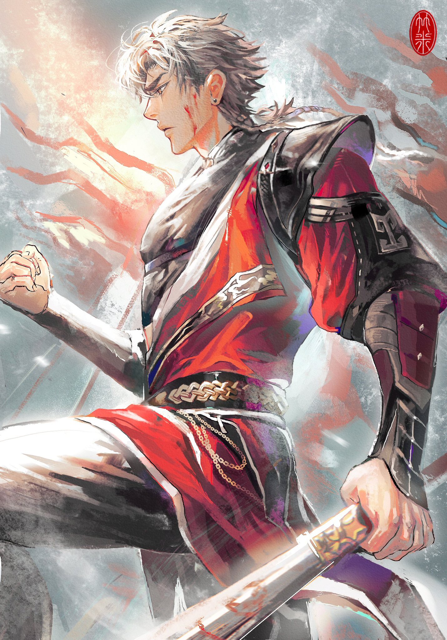 the image is a digital illustration of a warrior, with red and white clothing, holding a sword. the warrior is shown with a determined look on his face, ready for battle, and the background is a blurred mix of white, red, and black. the warrior appears to be in the middle of a fierce battle. the image evokes a feeling of power and determination, with the warrior's sharp gaze and powerful stance.