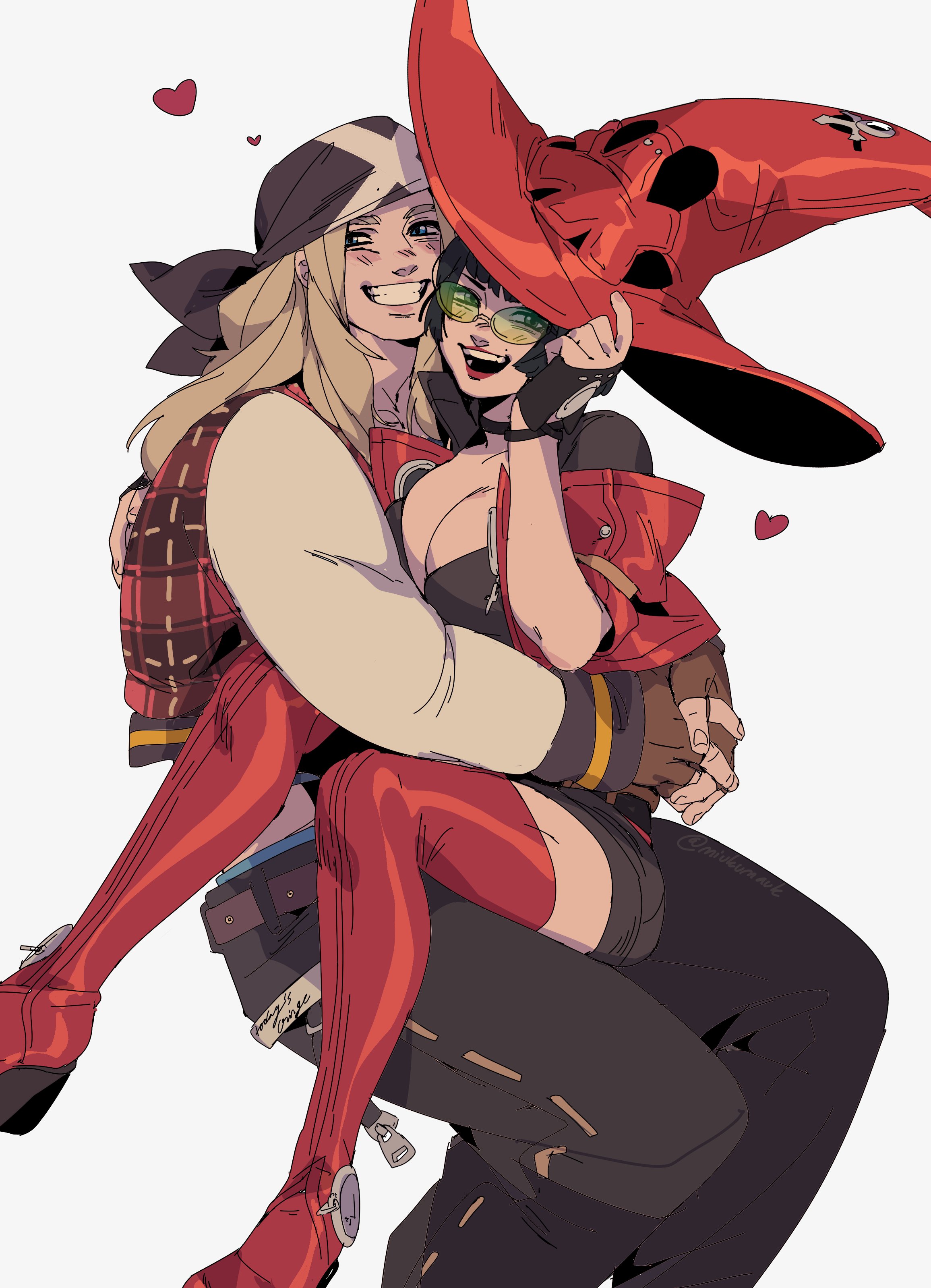 an illustration of two anime characters, a girl with red hair and a boy with a hat, in a loving embrace. the girl is wearing a red outfit and has a hat on her head. the boy has a red hat on his head as well. the couple looks happy and in love, with hearts floating around them, suggesting that they are in a loving relationship. the artwork is done in a colorful anime style and features vibrant colors.