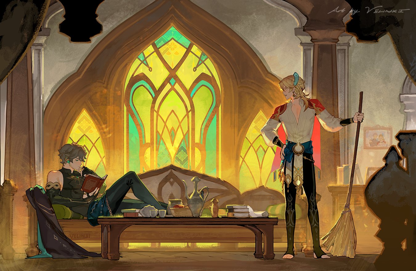 the image is a digital art illustration featuring the genshin impact characters alhaitham and kaveh. alhaitham is depicted reclining on a cushioned seat, reading a book, while kaveh stands nearby holding a broom. the setting is an opulent interior with a large, ornate stainedglass window as a backdrop. a low table is positioned between the two characters, adorned with books, a tea set, and other decorative items. the room's architecture suggests a luxurious and possibly middle eastern or arabicinspired design. a small framed picture hangs on the wall in the background.