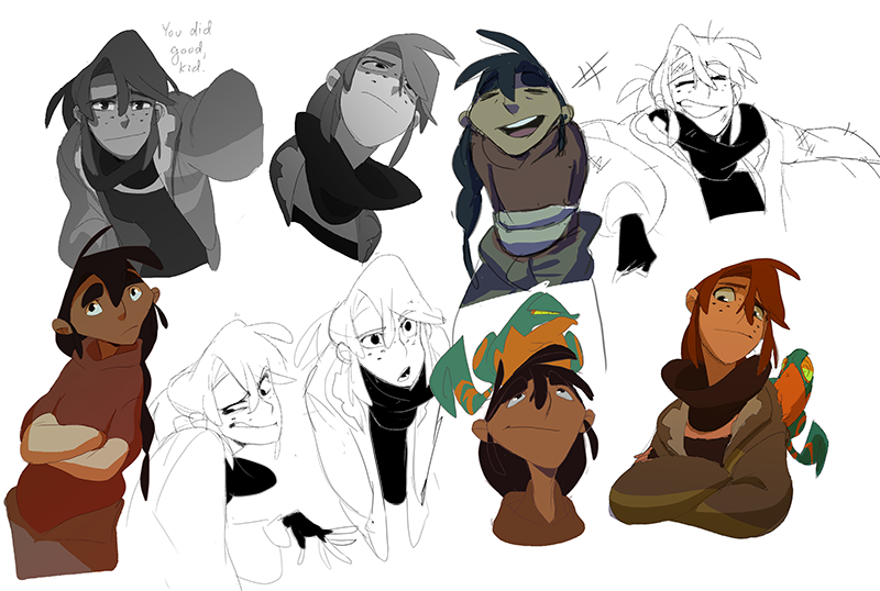 the image is a collection of digital sketches of characters that are presumably from an anime or manga style. the sketches are in various stages of completion, with some being rough outlines and others being more detailed. the characters are all young and wearing casual clothing. most of the characters have long hair. there are several characters with distinct features like clothing and accessories. the characters seem to be different from each other, with distinct expressions and poses. the image overall is visually appealing and interesting, showcasing the artist's skill in creating diverse characters.
