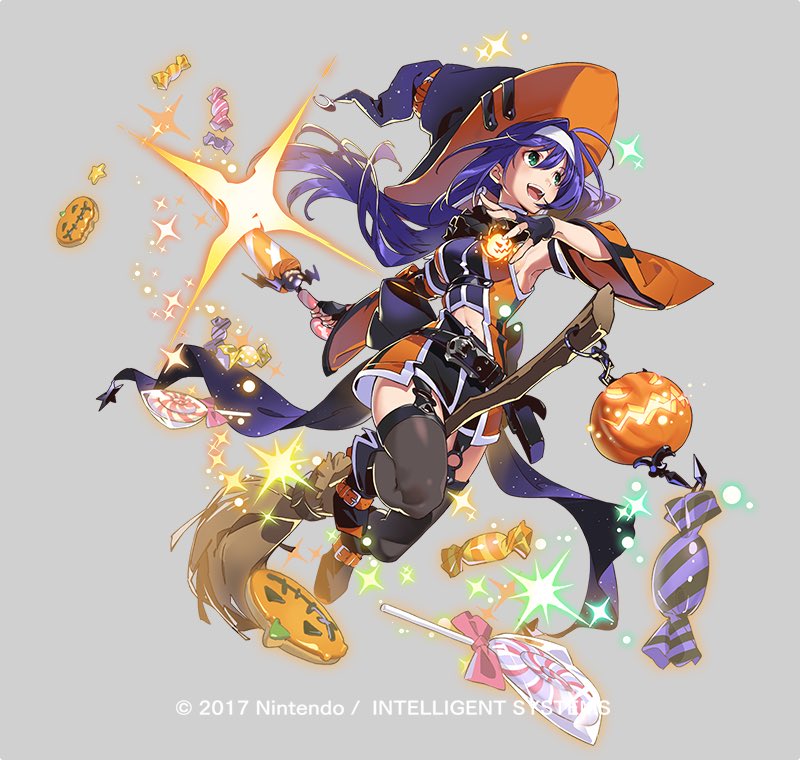 the image features a bluehaired anime girl dressed in a halloween witch costume, complete with an orange hat, black and orange dress, and striped stockings. she holds a glowing magic wand in her right hand and a pumpkinshaped bag in her left. surrounding her are colorful candies, twinkling stars, and a magical glow emanating from her wand. the overall ambiance is festive and energetic, capturing the spirit of halloween.