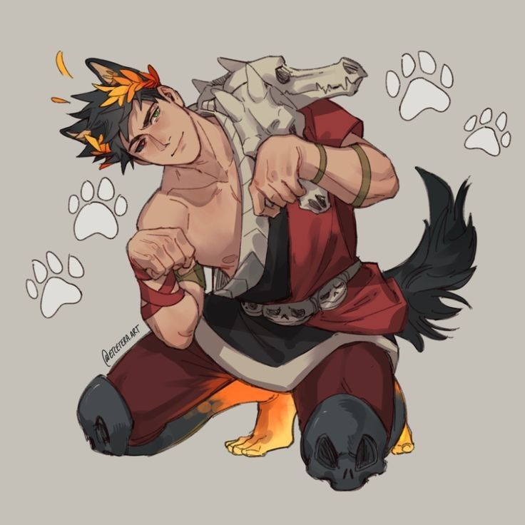 a muscular male warrior is kneeling in an action pose, with a wolf skull in his hand. he is wearing a red and orange outfit with animalistic features, and his hair is styled with a red and orange wolf head headdress. he is surrounded by paw prints, suggesting a fierce connection to his animalistic nature. the drawing style is colorful and vibrant, conveying a sense of power and energy.