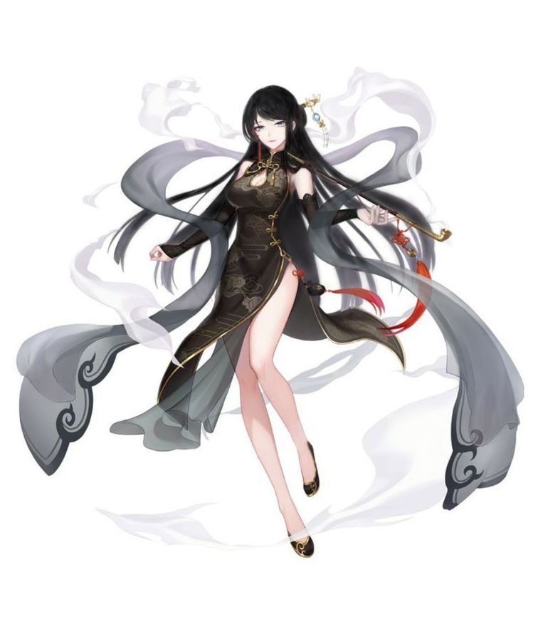 the image shows a beautiful anime girl in a traditional chinese dress. she has long black hair, red eyes, and is wearing a black and gold qipao. the dress is flowing in the wind, and she is holding a red and gold fan in her hand. the background is white and she is standing in a graceful pose.