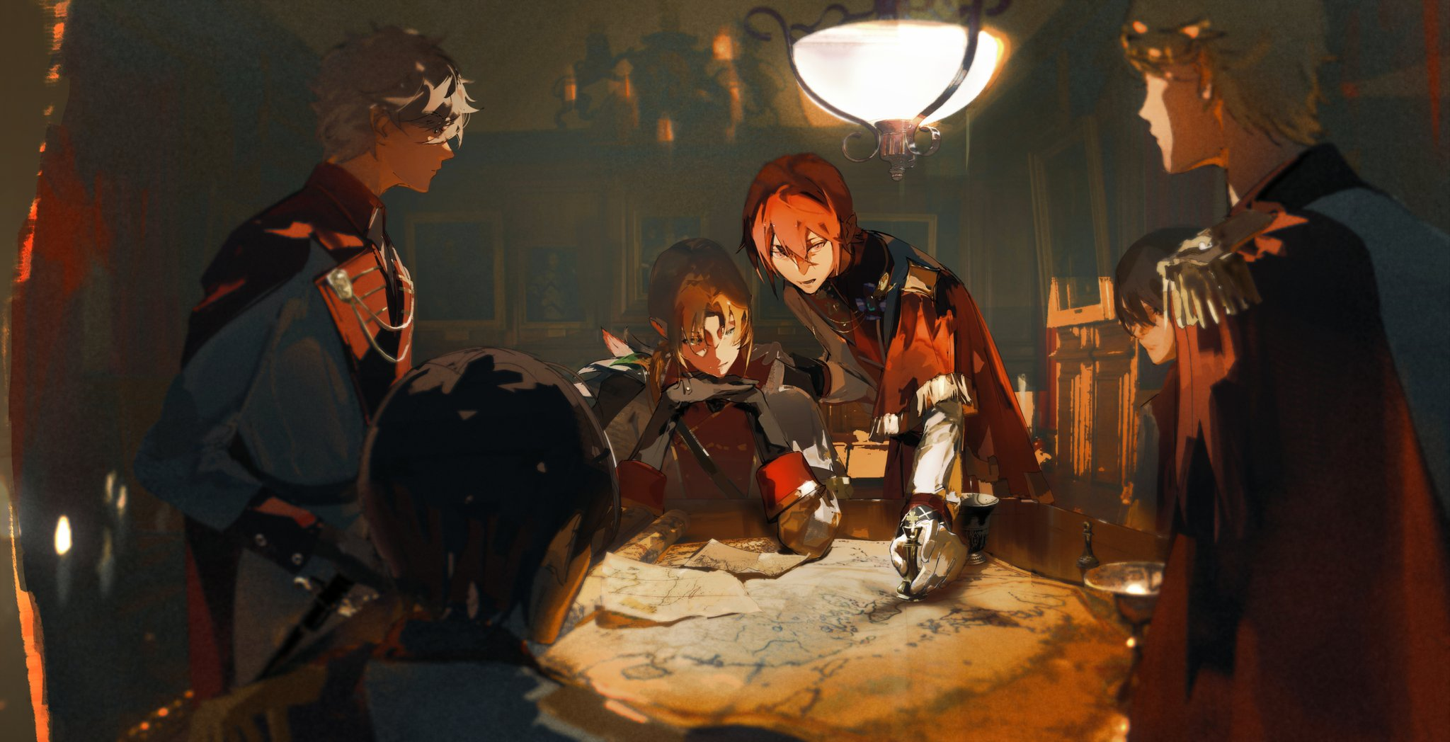 the image depicts a group of six characters gathered around a dimly lit table in a dark room. the warm glow of candlelight illuminates their faces as they focus intently on a map spread out before them. the scene evokes a sense of adventure, planning, and camaraderie, suggesting a group of heroes or adventurers strategizing their next move. the overall atmosphere is one of mystery and anticipation.